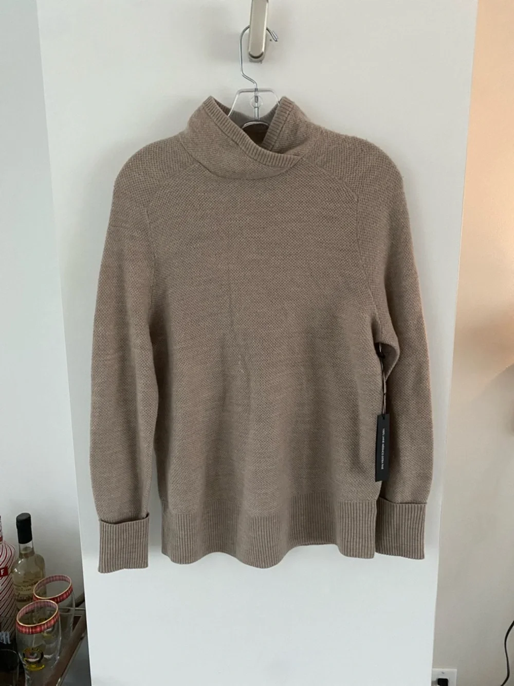 Tahari Taupe Mock Neck Sweater extra fine merino wool waffle wrap shawl collar - Picture 1 of 4